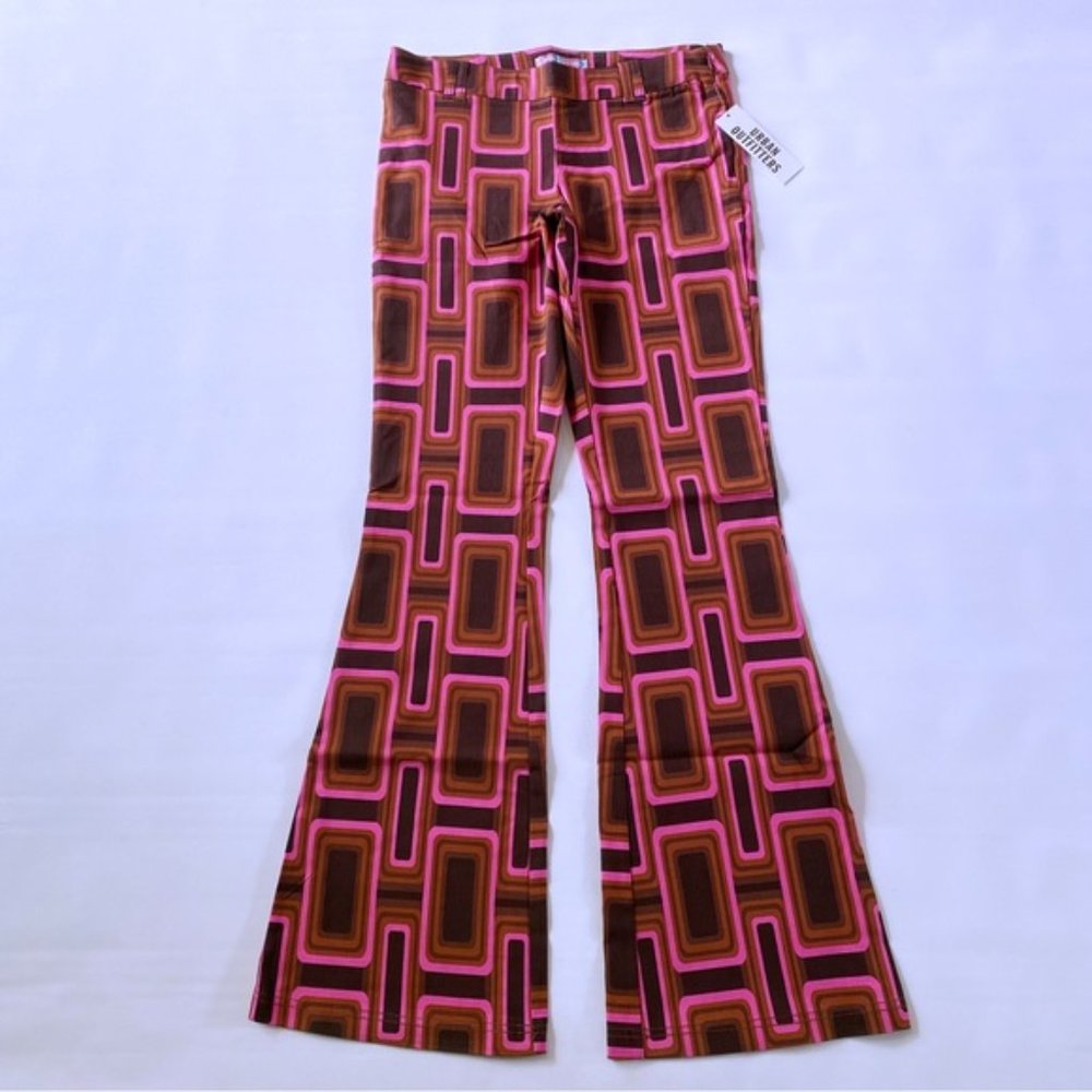 Urban Outfitters | Eva Bengaline Flare Pant Brown Geometric Mod Retro 60s New 6 - Picture 2 of 9